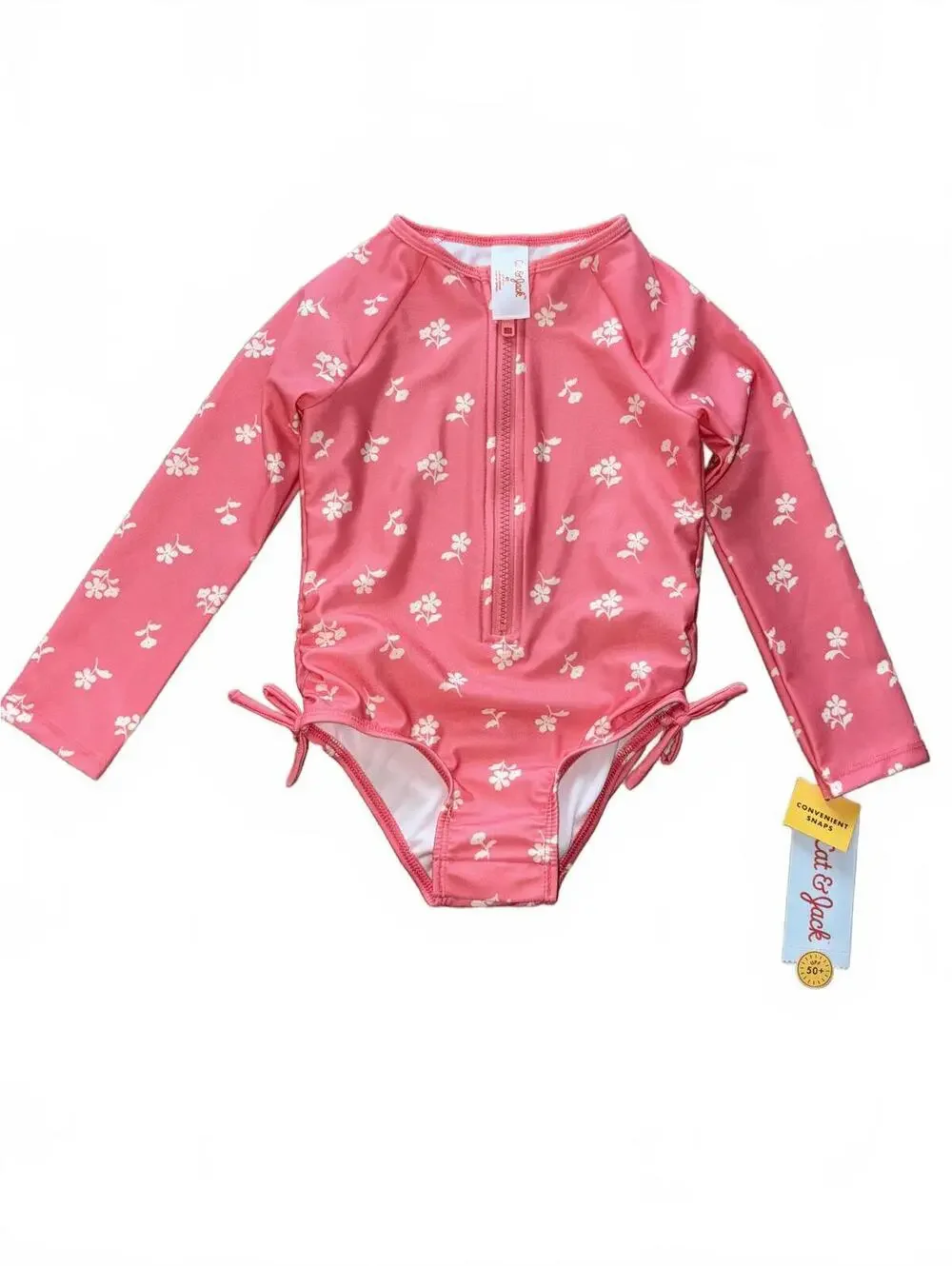 NEW! Cat & Jack Girls' 4T Coral Pink Floral Long Sleeve Swim Suit